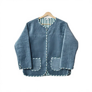 Handmade Reversible Knitted Quilted Corduroy Embroidery Unisex Blue Cotton <b>Lightweight</b> Winter Breathable Boho Casual Wear <b>Jacket</b> - Product Image 1