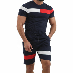 Men's Casual Color Block Sporty <b>Knitted</b> T-Shirt and Shorts <b>Set</b> Crew Neck Front Logo Quick Dry Polyester Spandex Summer Wear - Product Image 3