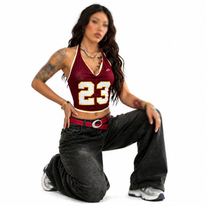 Camiseta Corta de Malla Color Granate para Mujer, Estilo Fútbol Americano, Cuello en V, Sin Mangas, con Número 23 Estampado, Transpirable, con Logotipo Frontal, Ropa Urbana - Product Image 1