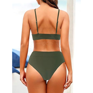Women's Two Piece <b>Bikini</b> <b>Set</b> Deep V Neck High Waist Solid <b>Green</b> Swimwear Stretch Spandex Polyester - Product Image 4
