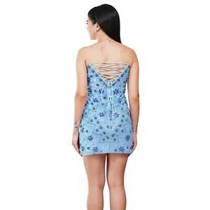 Robe de cocktail de luxe bleu ciel à paillettes et perles, sans bretelles, col en V profond, ornée de cristaux, mini-robe pour femmes - Product Image 2