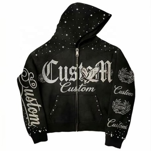 Custom Logo <b>Men's</b> Rhinestone Tracksuit Full Zip Hoodie and Sweatpants Set Oversized Streetwear Heavyweight Sweat Suit Set - Product Image 2