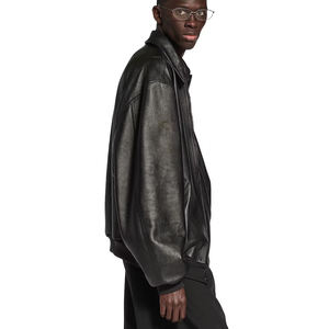 Men's Black PU Leather Bomber Jacket Turn-<b>down</b> Collar Zipper Closure Casual Style Regular Length Solid Color Loose Fit - Product Image 1