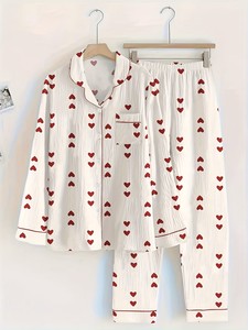 Ensemble de pyjama en mousseline thermique écologique confortable pour femme, imprimé rayé - Haut à manches longues et col montant, pantalon à taille élastique, lavable en machine - Product Image 4