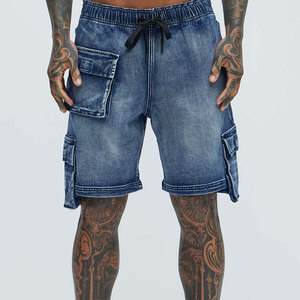 Pantalones cortos de mezclilla para hombre Lupin: Fabricante de mezclilla, cintura doble personalizada, rodillas con diamantes y pedrería, estilo cargo holgado. - Product Image 2