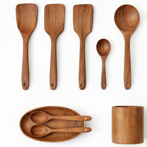 Juego de utensilios de cocina de madera de teca premium ARTERRA, espátula y cuchara de mango largo con soporte de almacenamiento, vajilla para hoteles y restaurantes - Product Image 3