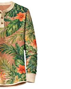 Chemise Henley à imprimé tropical pour homme, marron et vert, à manches longues, avec patte de boutonnage, style décontracté, idéale pour l'été et la plage - Product Image 4