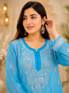 Kurta Droit Bleu Ciel Brodé Style Chikankari – Achetez Directement du Fournisseur - Product Image 4