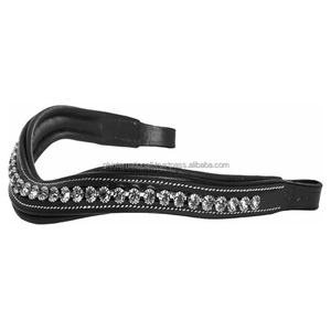 Premium White <b>Stitching</b> and comfortable soft padding Black English Leather horse brow band with diamond <b>crystals</b> bling chain - Product Image 4