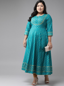 Kurta Anarkali en coton à fleurs turquoise, grande taille, pour femme, tenue de tous les jours, col en V, manches trois quarts, légère - Product Image 5