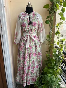 Robe longue en coton tissé imprimé numérique pour femme, style formel, avec blocs de couleurs mélangées, ceinture, manches longues, poches à volants, grandes tailles - Product Image 5