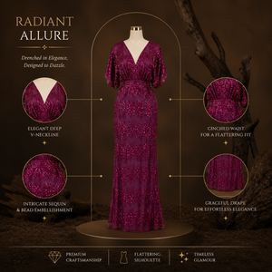 Luxury Fuchsia <b>Sequin</b> Evening Gown for Women | V Neck Flutter Sleeve Formal Party Dress Elegant Wedding Reception Prom Wear - Product Image 5