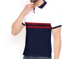 Chemise décontractée pour homme en coton tricoté blanc et bleu marine, design uni, avec fermeture éclair, respirante - Product Image 1