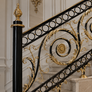 Luxury Black Gold Wrought Iron Stair <b>Railing</b> Ornate Scroll Balustrade Villa Palace Hotel Marble Stair Handrail Supplier - Product Image 4