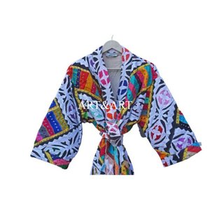 Robe Kimono Courte Bohème en Coton Brodé Fait Main Indien pour Femme – Élégante Tenue de Plage Estivale et Vêtement de Nuit Respirant avec Ceinture à Nouer à l'Avant - Product Image 4