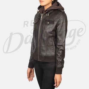 Women Dark <b>Brown</b> Real <b>Leather</b> <b>Jacket</b> with Removable Hood Slim Fit Premium Sheepskin Winter Biker Style Multi-Pocket Outerwear - Product Image 4