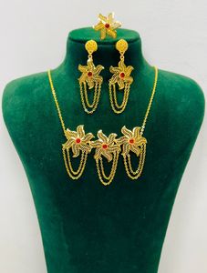 Golden Flower Brass Necklace Set with Trendy Earrings and Matching Hair Pin for Women <b>Wedding</b> Party Jewelry - Product Image 1