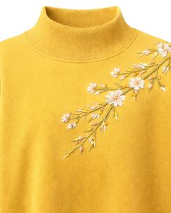 เสื้อสเวตเชิ้ตคอเต่าสีเหลืองมัสตาร์ดสำหรับผู้หญิง ปักลายดอกไม้ แขนยาว สวมใส่สบายในฤดูหนาว ผ้าคอตตอนผสมเนื้อนุ่ม เสื้อผู้หญิง - Product Image 5