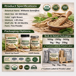 WARRLY Extrait d'écorce d'Ashwagandha biologique 99% pur, séché à l'air chaud, poudre végétale de qualité alimentaire, en pot Mason, approvisionnement en vrac, culture du Gujarat - Product Image 4