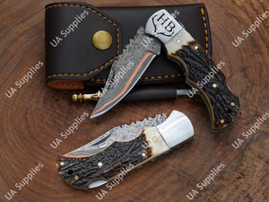 Couteau pliant professionnel Sanmai en acier Damas cuivré, manche en corne de cerf, ergonomique, léger, haute qualité, pour le camping et l'extérieur (EDC) - Product Image 2