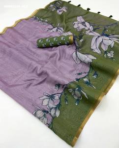 Fournisseur de saris en lin Chanderi de qualité supérieure avec imprimé numérique floral et bordure Zari, et ensemble de chemisiers à imprimé floral dispersé, de Surat. - Product Image 5