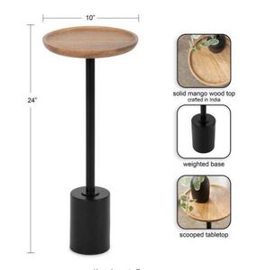 Premium Honey Wood Tray Top Drink <b>Table</b> <b>Matte</b> Black Cylinder Base Accent <b>Table</b> - Product Image 2