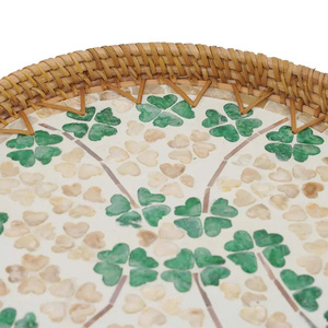 Bandeja Redonda de Ratán Hecha a Mano con Incrustaciones de Madreperla Verde, Bandeja Decorativa Artística Tropical Costera para Mesa de Centro - Product Image 5