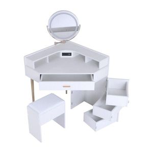 White Makeup Vanities Dressing Table Stool Set with Removable Tri-Color Illuminated Mirror Four Drawers with Outlets - Product Image 5