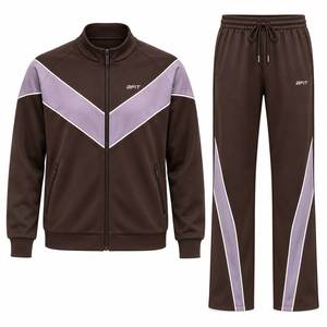 Ensemble de survêtement marron et violet avec veste zippée et pantalon à poches latérales, design sportif pour adultes, idéal pour l'automne - Product Image 1