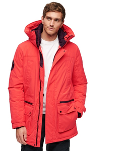 Parka Larga con Capucha para Hombre, Roja, Informal, de Poliéster, con Bolsillos, Cierre de Cremallera y Diseño de Parches - Product Image 1