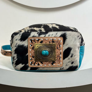 2025 grande capacité Portable en cuir de vachette véritable trousse de toilette usiné à la main Turquoise pierre Accent femmes sacs à cosmétiques étuis - Product Image 4