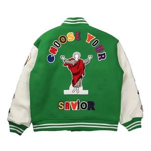 Chaqueta Varsity Verde con Apliques Religiosos, Diseño de Parches, Ropa Urbana para Hombre, Cuello Camisero, para Otoño - Product Image 2