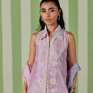 Vestidos de Fiesta Clásicos Pakistaníes Mini Bordados con Espalda Ilusoria, Perlas y Flores, 100% Seda - Product Image 1