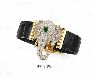 Haute joaillerie elephant <b>bracelet</b> in 18K yellow gold with pave diamonds emerald centerpiece and black <b>leather</b> strap luxury - Product Image 3
