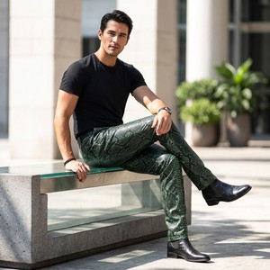 Pantalones Casuales de Piel de Pitón Ligeros de Cintura Alta para Hombre |   Pantalones de Motociclista Ajustados con Estampado de Piel de Serpiente y Cierre de Cremallera - Product Image 3