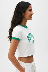 Women's <b>White</b> <b>Crop</b> <b>T</b>-<b>Shirt</b> Green Ringer Crew Neck Short Sleeve Casual 100% Cotton Breathable Summer Top - Product Image 2