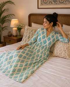 Bohemian Floral Printed Cotton Vintage Eco-Friendly <b>Dress</b> Natural Waist <b>Elastic</b> Closure Long Sleeve V-Neck Maxi - Product Image 6