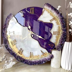 Amethyst Resin Modern Quartz Wall <b>Clock</b> Hand Painted Roman Numeral Decorative Round Crystal Look Living Room Home Decor - Product Image 1