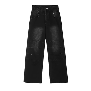 High Waist Wide Leg Denim Pants <b>Men</b> Loose Fit Black Stonewashed Cotton Rivet Decoration Autumn Casual Style <b>Men's</b> - Product Image 1