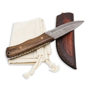Couteau de chasse artisanal OEM personnalisé en acier Damas, manche en bois, lame fixe, pour le dépecage, le camping, la survie en extérieur, avec étui en cuir - Product Image 1