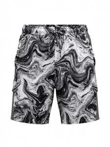 Short de bain pour homme à imprimé marbré noir et blanc avec cordon de serrage, séchage rapide, tissu synthétique, taille mi-haute - Product Image 1