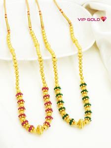 22K <b>Solid</b> Gold Beaded Mala Necklace Set with Ruby Pink and Emerald Green Stone Clusters for Bridal and Ethnic Wear - Product Image 3