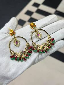 Boucles d'oreilles pendantes à motif floral, plaquées or, rubis et perles, bijoux de mariage vintage pour femmes - Product Image 3