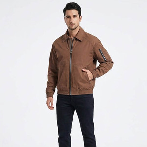 Men's Brown Canvas Bomber Jacket Windproof Workwear Style Turn-down Collar Zipper Closure Regular Fit Autumn Wear - Product Image 1