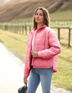 Veste matelassée rose pour femme, manches longues, col montant, fermeture éclair, vêtement d'hiver, longueur normale, couleur unie, polyester - Product Image 3