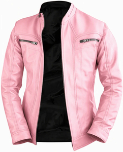 Veste de motard en cuir véritable marron pour homme, col montant, fermeture éclair, coupe ajustée, manches classiques, pour l'automne - Product Image 2