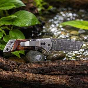Folding Pocket Knife Stainless Steel Blade Straight <b>Back</b> Thumb Knob Artistic Engraving Wood Handle Camping Utility DIY Grade OEM - Product Image 4
