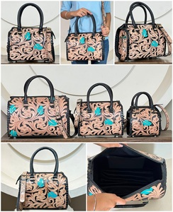 2026 Top Selling Customised Hand Tooled <b>Medium</b> Leather Speedy Bag Western Floral Leaf Carved Shoulder Crossbody Travel <b>Handbags</b> - Product Image 3