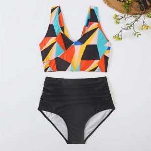 Girls 2 Piece Geometric Print One-piece Crossed Halter High Cut Push Swimwear Spandex/Polyester Contrast Binding High Waist - Product Image 1