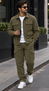 Conjunto de Ropa de Trabajo Estilo Safari de Forro Polar para Hombre, Chaqueta Utilitaria, Pantalones Cargo, Color Sólido, Atuendo Informal - Product Image 6